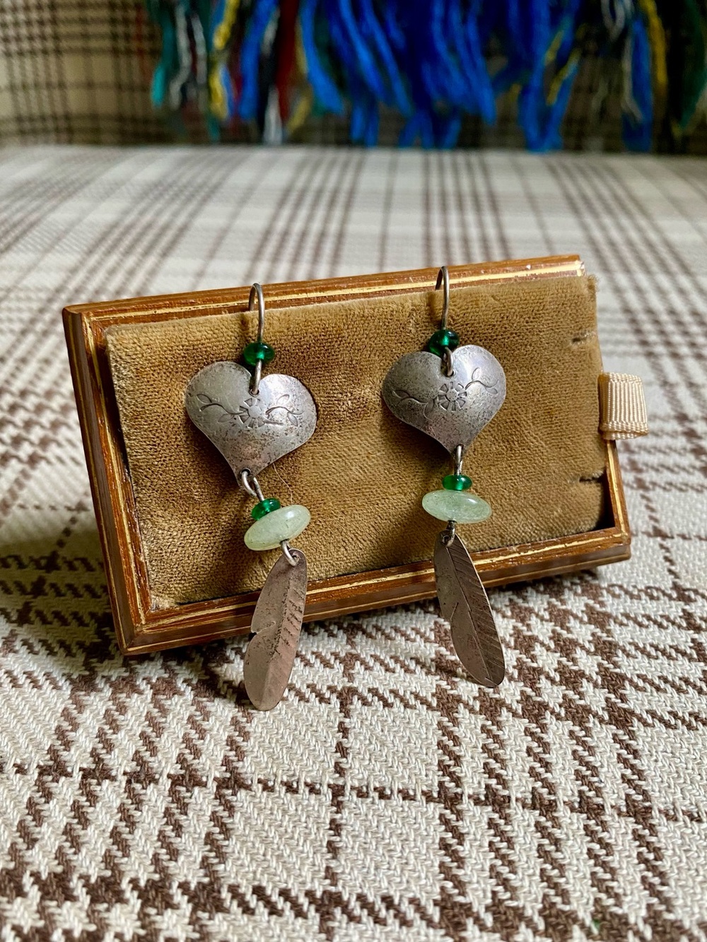 Handcrafted Silver Heart & Green Bead Dangle Earrings